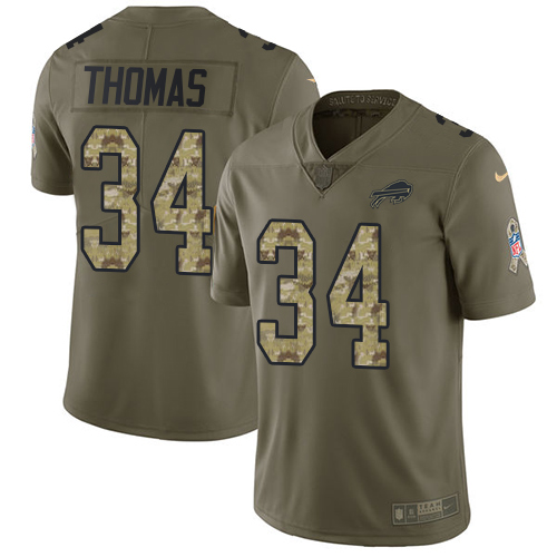 Nike Bills #34 Thurman Thomas Olive/Camo Men's Stitched NFL Limited 2017 Salute To Service Jersey