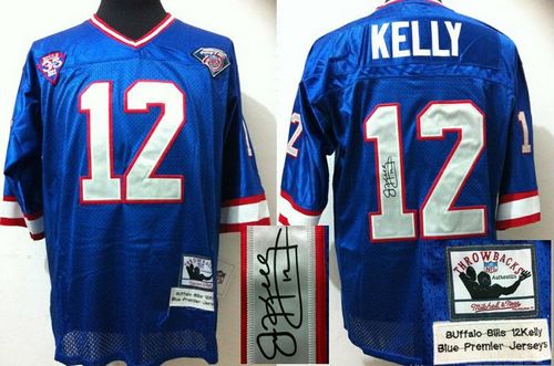 Mitchell And Ness Autographed Bills #12 Jim Kelly Blue(35th) Stitched Throwback NFL Jersey