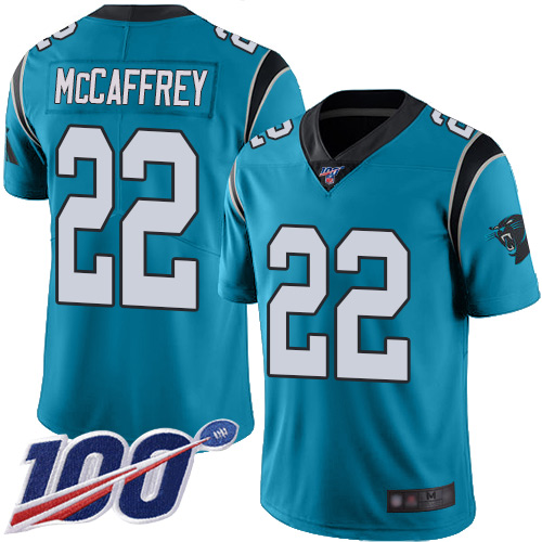 Nike Panthers #22 Christian McCaffrey Blue Alternate Men's Stitched NFL 100th Season Vapor Limited Jersey