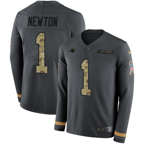 Nike Panthers #1 Cam Newton Anthracite Salute to Service Men's Stitched NFL Limited Therma Long Sleeve Jersey