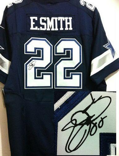 Nike Cowboys #22 Emmitt Smith Navy Blue Team Color Men's Stitched NFL Elite Autographed Jersey