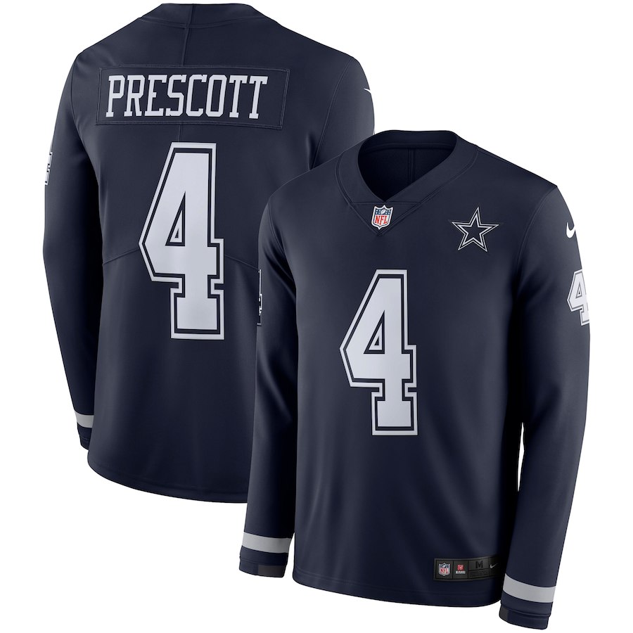 Men's Cowboys #4 Dak Prescott Navy Blue Team Color Men's Stitched NFL Limited Therma Long Sleeve Jersey