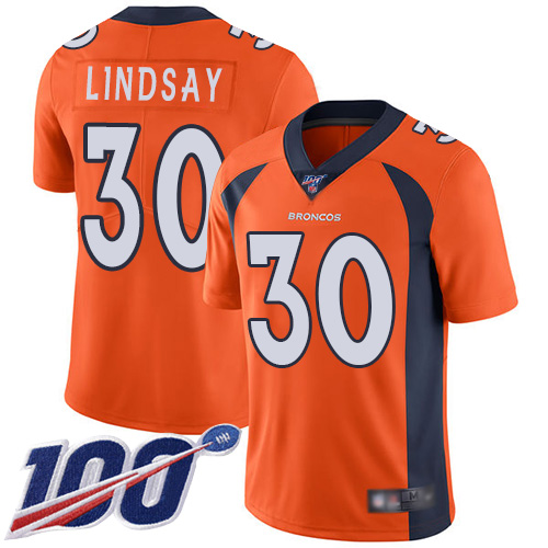 Nike Broncos #30 Phillip Lindsay Orange Team Color Men's Stitched NFL 100th Season Vapor Limited Jersey