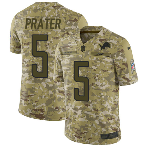 Nike Lions #5 Matt Prater Camo Men's Stitched NFL Limited 2018 Salute To Service Jersey