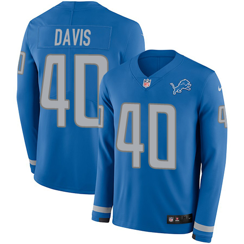 Nike Lions #40 Jarrad Davis Blue Team Color Men's Stitched NFL Limited Therma Long Sleeve Jersey