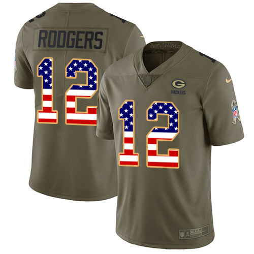 Nike Packers #12 Aaron Rodgers Olive/USA Flag Men's Stitched NFL Limited 2017 Salute To Service Jersey
