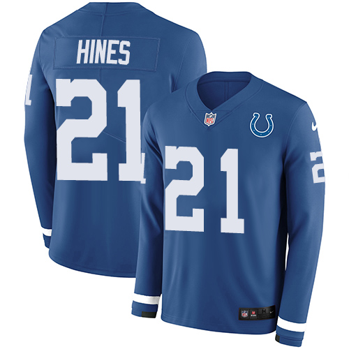 Nike Colts #21 Nyheim Hines Royal Blue Team Color Men's Stitched NFL Limited Therma Long Sleeve Jersey