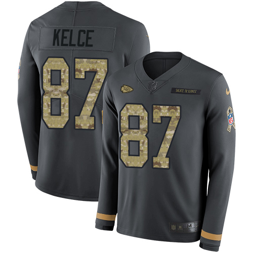 Nike Chiefs #87 Travis Kelce Anthracite Salute to Service Men's Stitched NFL Limited Therma Long Sleeve Jersey