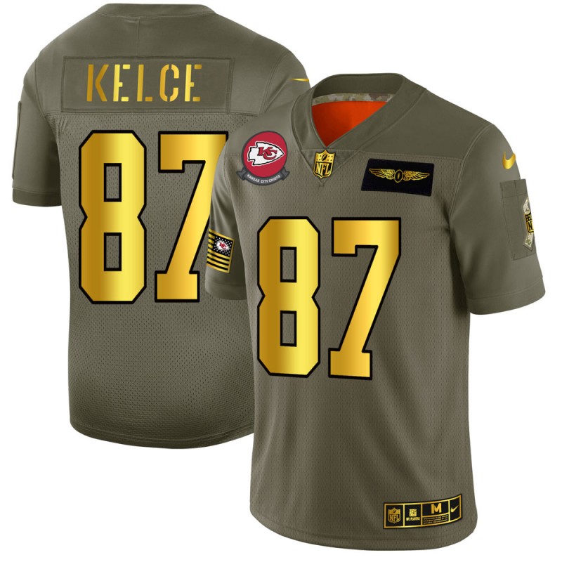Kansas City Chiefs #87 Travis Kelce NFL Men's Nike Olive Gold 2019 Salute to Service Limited Jersey