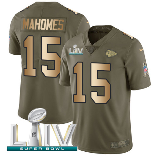 Nike Chiefs #15 Patrick Mahomes Olive/Gold Super Bowl LIV 2020 Men's Stitched NFL Limited 2017 Salute To Service Jersey