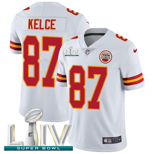 Nike Chiefs #87 Travis Kelce White Super Bowl LIV 2020 Men's Stitched NFL Vapor Untouchable Limited Jersey