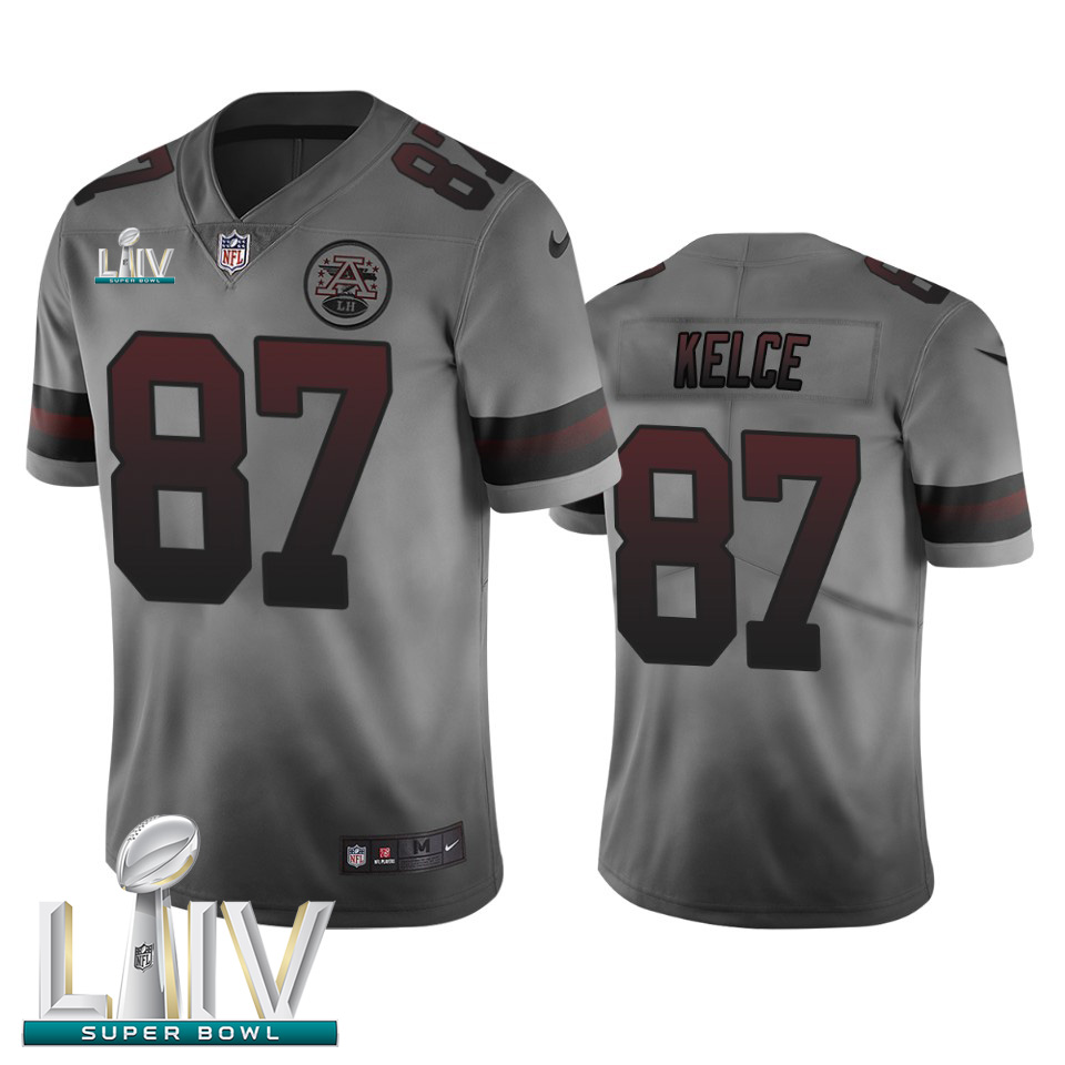 Kansas City Chiefs #87 Travis Kelce Smoky Gray Super Bowl LIV 2020 Men's Nike Vapor Limited City Edition NFL Jersey