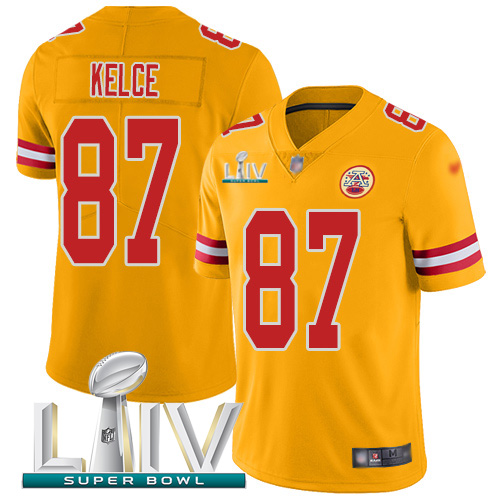 Nike Chiefs #87 Travis Kelce Gold Super Bowl LIV 2020 Men's Stitched NFL Limited Inverted Legend Jersey