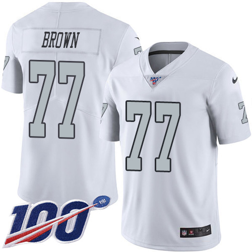 Nike Raiders #77 Trent Brown White Men's Stitched NFL Limited Rush 100th Season Jersey