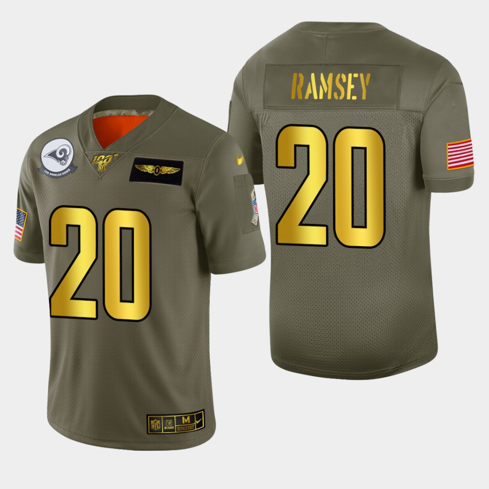 Nike Rams #20 Jalen Ramsey Men's Olive Gold 2019 Salute to Service NFL 100 Limited Jersey