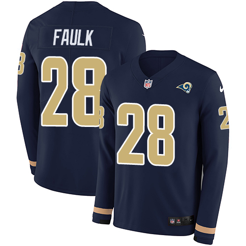 Nike Rams #28 Marshall Faulk Navy Blue Team Color Men's Stitched NFL Limited Therma Long Sleeve Jersey