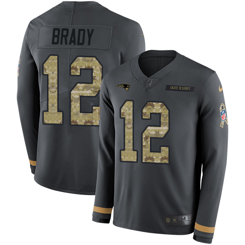 Nike Patriots #12 Tom Brady Anthracite Salute to Service Men's Stitched NFL Limited Therma Long Sleeve Jersey