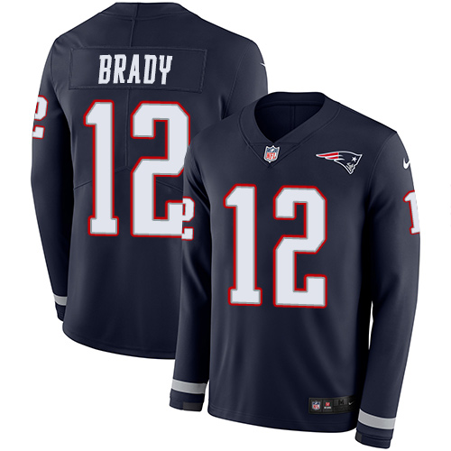 Nike Patriots #12 Tom Brady Navy Blue Team Color Men's Stitched NFL Limited Therma Long Sleeve Jersey