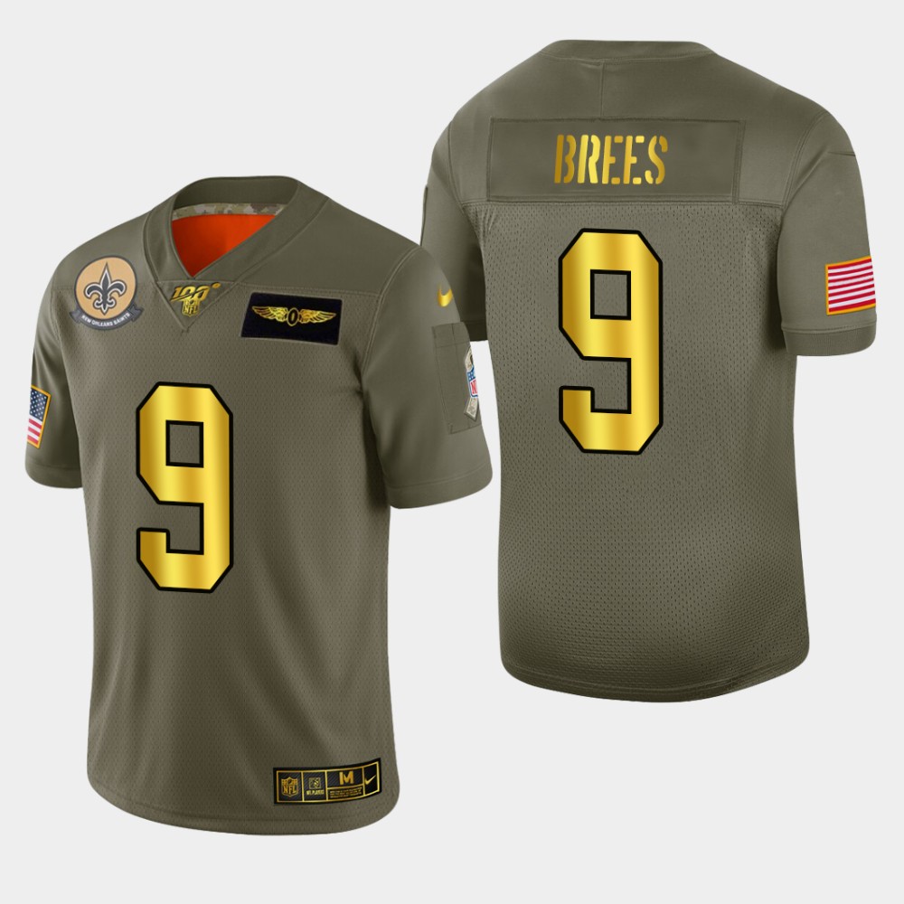 New Orleans Saints #9 Drew Brees Men's Nike Olive Gold 2019 Salute to Service Limited NFL 100 Jersey