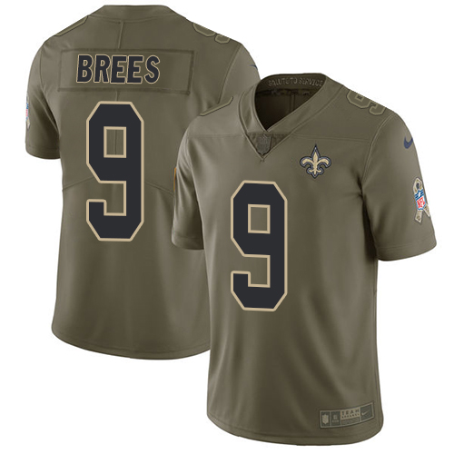 Nike Saints #9 Drew Brees Olive Men's Stitched NFL Limited 2017 Salute To Service Jersey