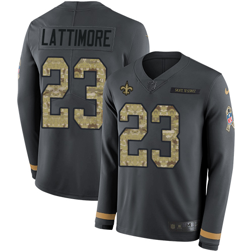 Nike Saints #23 Marshon Lattimore Anthracite Salute to Service Men's Stitched NFL Limited Therma Long Sleeve Jersey