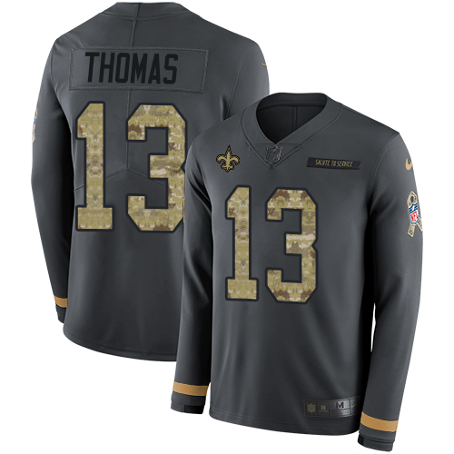Nike Saints #13 Michael Thomas Anthracite Salute to Service Men's Stitched NFL Limited Therma Long Sleeve Jersey