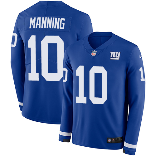 Nike Giants #10 Eli Manning Royal Blue Team Color Men's Stitched NFL Limited Therma Long Sleeve Jersey