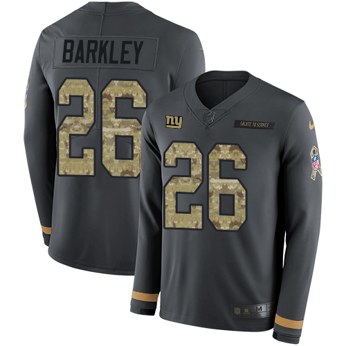 Nike Giants #26 Saquon Barkley Anthracite Salute to Service Men's Stitched NFL Limited Therma Long Sleeve Jersey