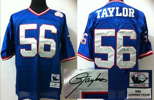 Mitchell And Ness Autographed Giants #56 Lawrence Taylor Blue Stitched Throwback NFL Jersey