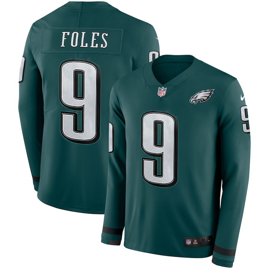 Men's Eagles #9 Nick Foles Midnight Green Team Color Men's Stitched NFL Limited Therma Long Sleeve Jersey