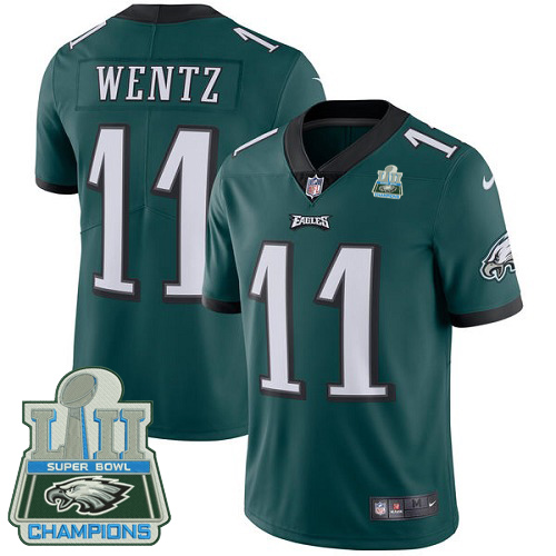 Nike Eagles #11 Carson Wentz Midnight Green Team Color Super Bowl LII Champions Men's Stitched NFL Vapor Untouchable Limited Jersey