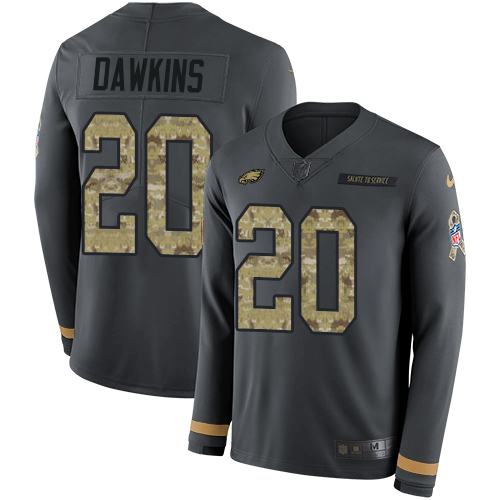 Nike Eagles #20 Brian Dawkins Anthracite Salute to Service Men's Stitched NFL Limited Therma Long Sleeve Jersey