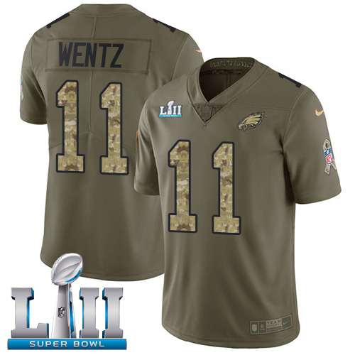 Nike Eagles #11 Carson Wentz Olive/Camo Super Bowl LII Men's Stitched NFL Limited 2017 Salute To Service Jersey