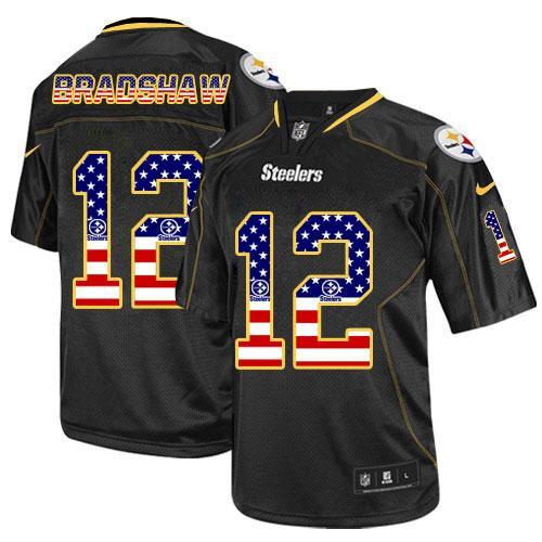 Nike Steelers #12 Terry Bradshaw Black Men's Stitched NFL Elite USA Flag Fashion Jersey