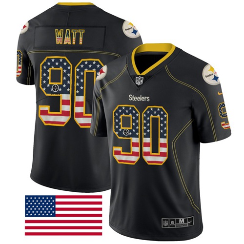 Nike Steelers #90 T. J. Watt Black Men's Stitched NFL Limited Rush USA Flag Jersey