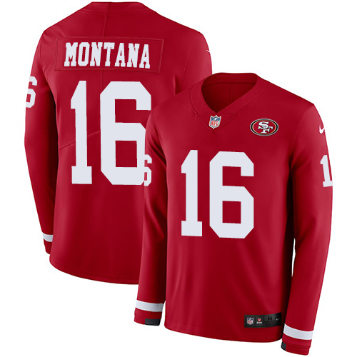 Nike 49ers #16 Joe Montana Red Team Color Men's Stitched NFL Limited Therma Long Sleeve Jersey