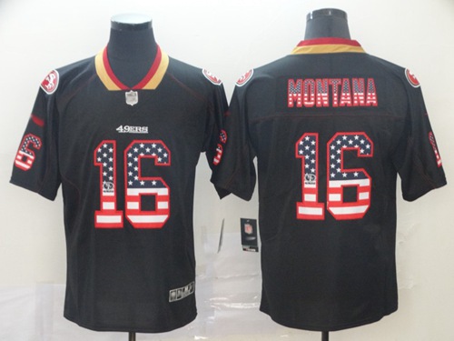 Nike 49ers #16 Joe Montana Black Men's Stitched NFL Limited Rush USA Flag Jersey