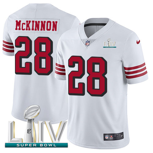 Nike 49ers #28 Jerick McKinnon White Super Bowl LIV 2020 Rush Men's Stitched NFL Vapor Untouchable Limited Jersey
