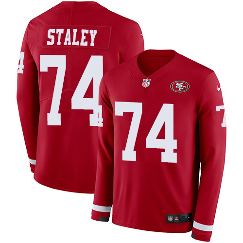 Nike 49ers #74 Joe Staley Red Team Color Men's Stitched NFL Limited Therma Long Sleeve Jersey