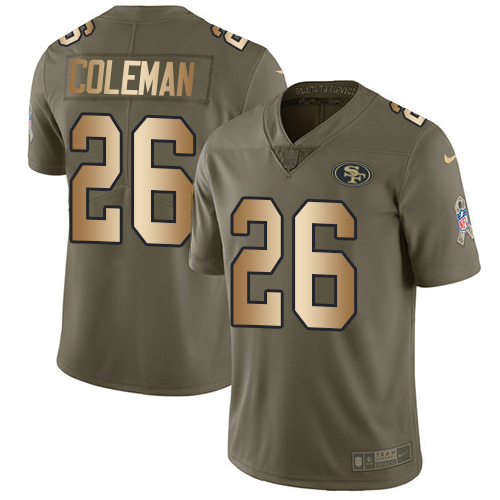 Nike 49ers #26 Tevin Coleman Olive/Gold Men's Stitched NFL Limited 2017 Salute To Service Jersey