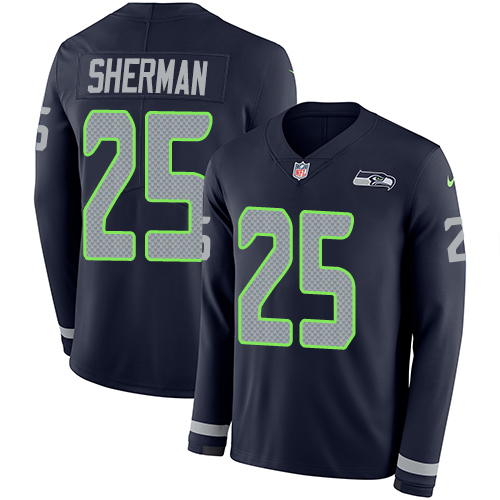 Nike Seahawks #25 Richard Sherman Steel Blue Team Color Men's Stitched NFL Limited Therma Long Sleeve Jersey