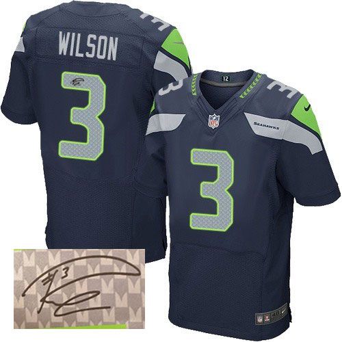 Nike Seahawks #3 Russell Wilson Steel Blue Team Color Men's Stitched NFL Elite Autographed Jersey