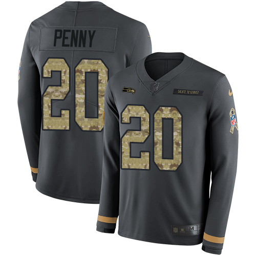 Nike Seahawks #20 Rashaad Penny Anthracite Salute to Service Men's Stitched NFL Limited Therma Long Sleeve Jersey