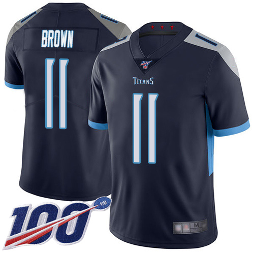 Nike Titans #11 A.J. Brown Navy Blue Team Color Men's Stitched NFL 100th Season Vapor Limited Jersey