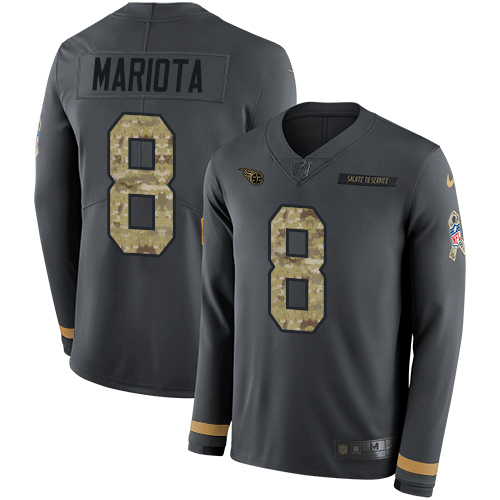 Nike Titans #8 Marcus Mariota Anthracite Salute to Service Men's Stitched NFL Limited Therma Long Sleeve Jersey