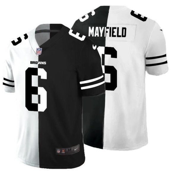 Men's Cleveland Browns Black & White Split #6 Baker Mayfield Limited Stitched Jersey