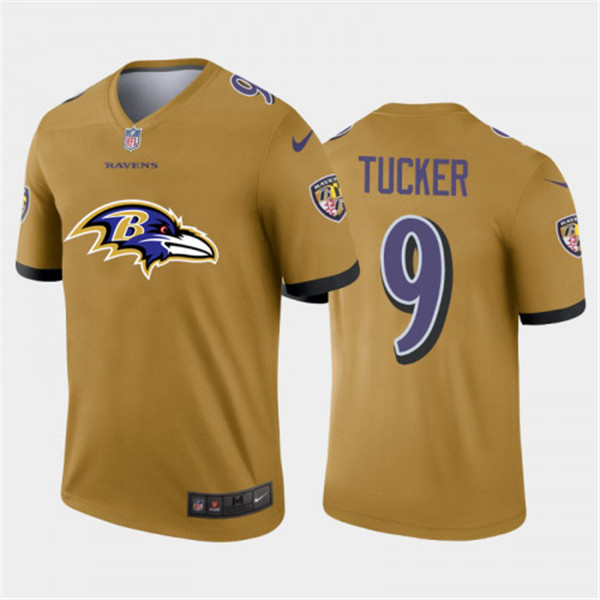 Men's Baltimore Ravens #9 Justin Tucker II Gold 2020 Team Big Logo Inverted Legend Stitched Jersey