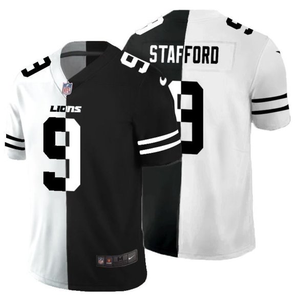 Men's Detroit Lions Black & White Split #9 Matthew Stafford Limited Stitched Jersey