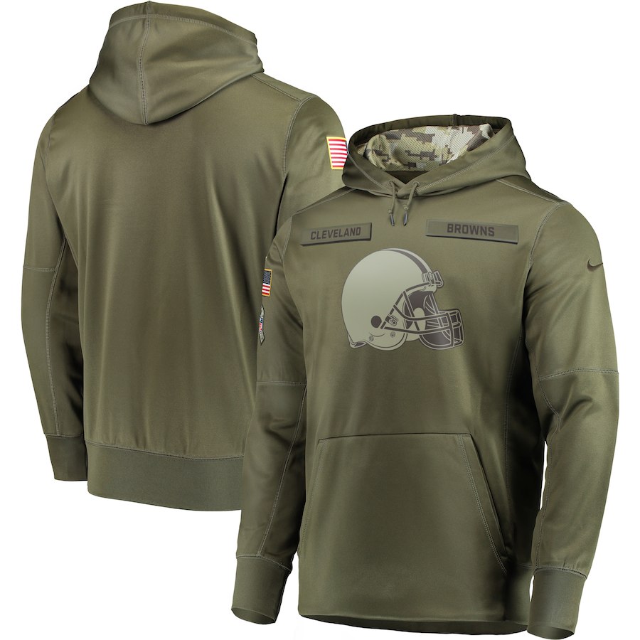 Men's Olive Cleveland Browns 2018 Salute to Service Sideline Therma Performance Pullover Stitched Hoodie