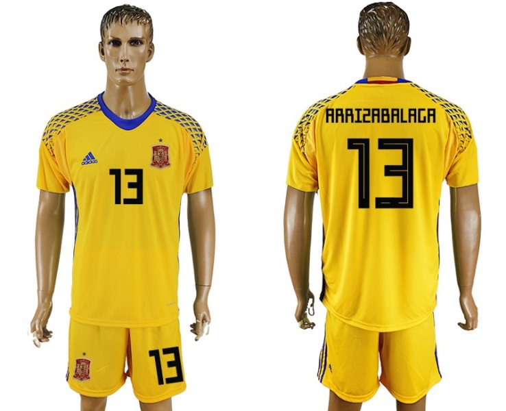 Soccer Spain 13 ARRIZABALAGA Yellow Goalkeeper 2018 FIFA World Cup Men Jersey